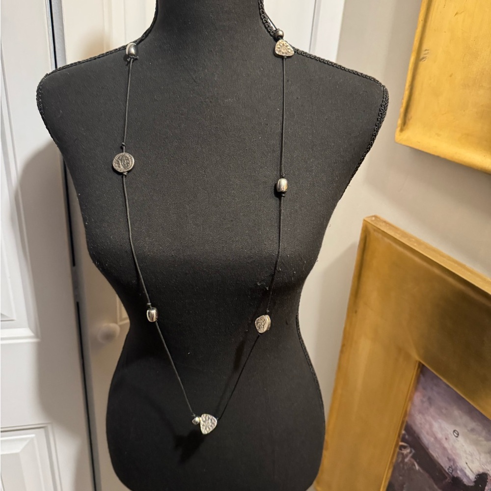 Long Black Cord Necklace with Silver Accents - Women Jewelry